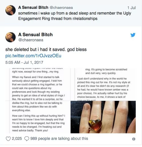 女网友晒直男未婚夫送的戒指 把网友们都丑哭了…