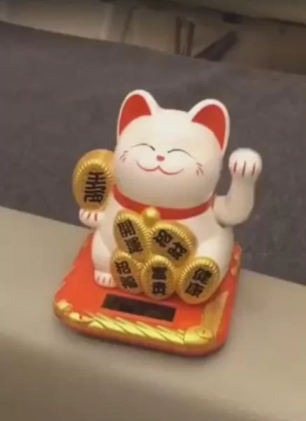 猫咪看到招财猫吃醋 我也可以招财啊