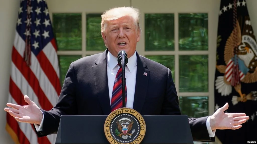 美國總統川普2019年5月16日在白宮玫瑰園就移民問題發表講話。
