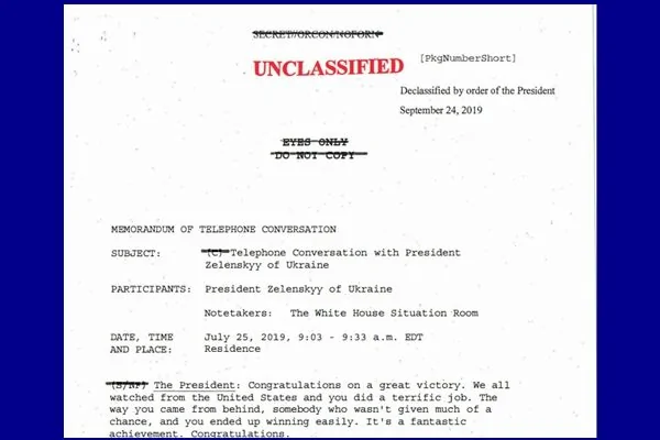 9月25日白宮公布了川普總統和烏克蘭總統7月電話記錄。(白宮文件截圖)