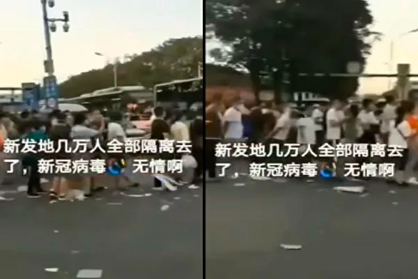 有网传视频显示，北京新发地市场两三万人被转到酒店隔离。（视频截图合成）