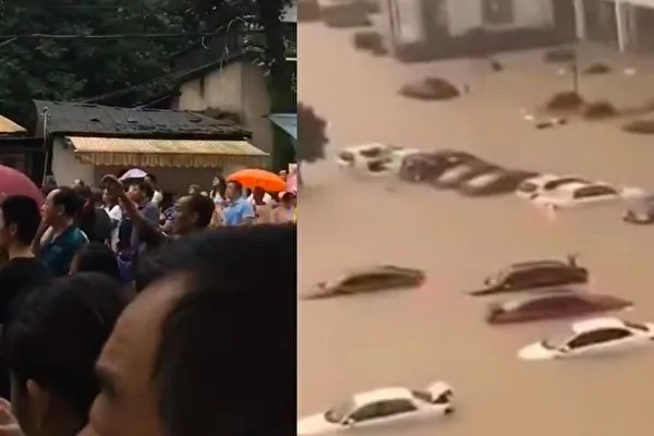 7月7日，中国大陆高考首日，安徽黄山歙县因洪涝，上午语文考试取消，将延期进行。（视频截图合成）