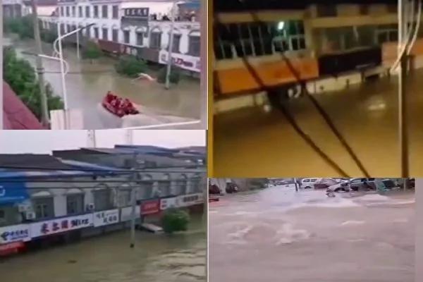 7月19日晚，安徽省六安市裕安區固鎮鎮大多數民眾一夜無眠，很多人因洪水被捆在樓頂上等待救援。（視頻截圖合成）