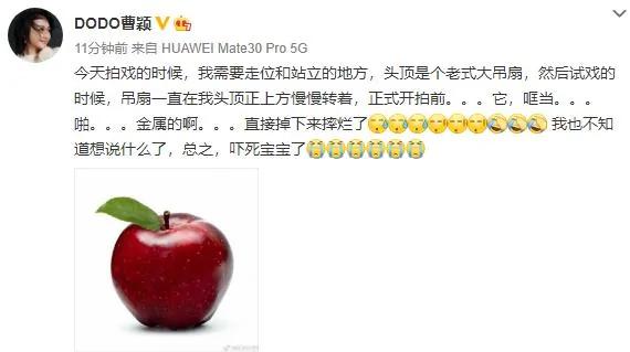 曹颖自曝拍戏时头顶老式大吊扇突然坠地 差点被砸到 吓得直流泪