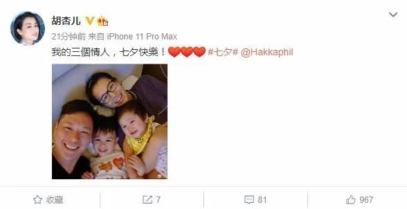 胡杏儿七夕与老公秀完恩爱又晒全家福 一家四口久违同框超幸福