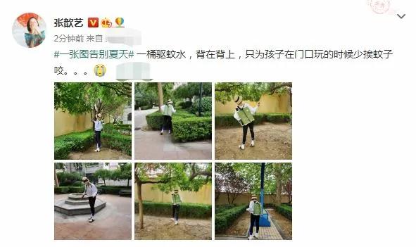 母爱爆棚!张歆艺怕儿子玩耍被蚊子咬 亲自背喷雾器在小区打驱蚊水