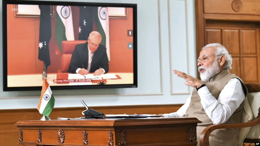 印度总理莫迪与澳大利亚总理莫里森进行视频会议。（2020年6月4日）