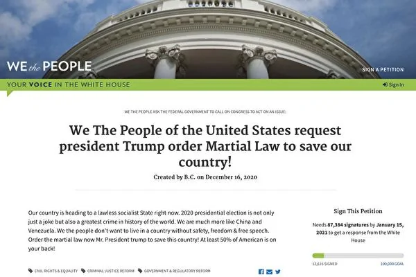 白宫网站请愿：请总统下令戒严拯救国家