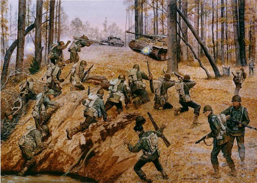 描绘442步兵团在法国佛日山脉作战的图画。