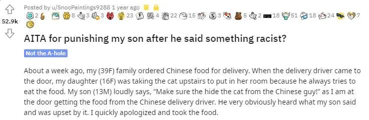 13岁儿子“侮辱”华裔外卖员 母亲是这样做的，父亲却要这样…
