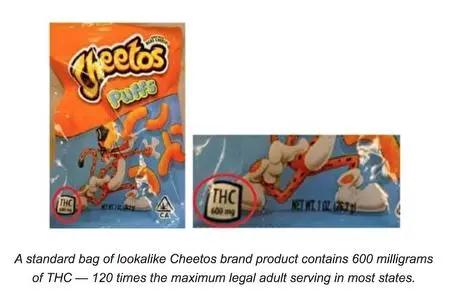 一袋偽裝成Cheetos品牌包裝的大麻產品，含有600毫克的四氫大麻酚成分。