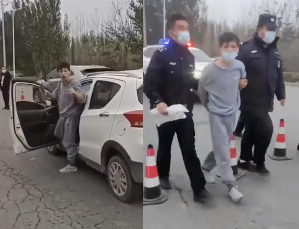 中国河北男子为买“奶粉”持菜刀硬闯路障，遭警方逮捕。   图：翻摄自网路影片