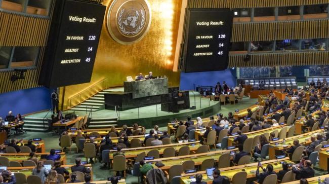 联合国大会通过立即在加沙实现人道停火决议