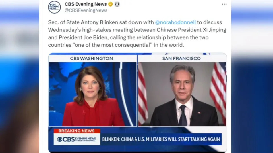 布林肯接受《CBS》访问。（图／翻摄自X）