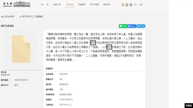 台灣國史館網站上公開的蔣經國1977年1月11日的日記截圖