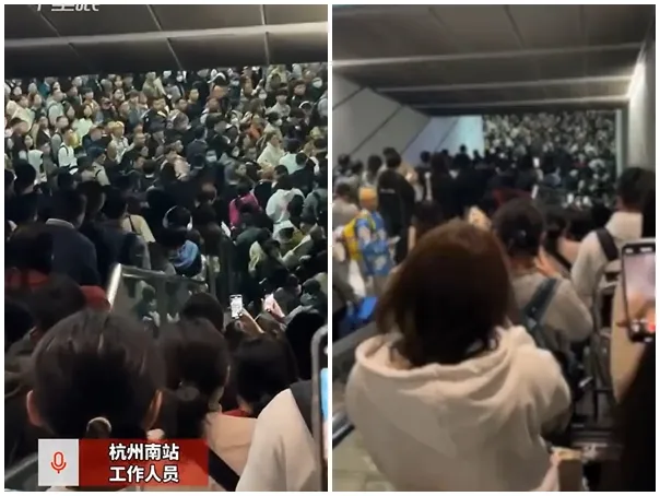 人压人 挤破窗 杭州火车站现惊人一幕 险酿事故