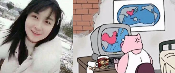 豬頭人身漫畫作者張冬寧與其作品（圖片來源：微博截圖）