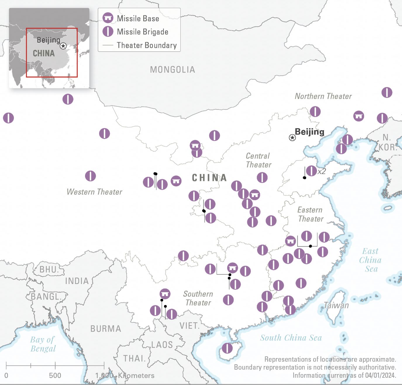 中共火箭軍各飛彈基地位置示意圖。(美國2025年中共軍力報告)