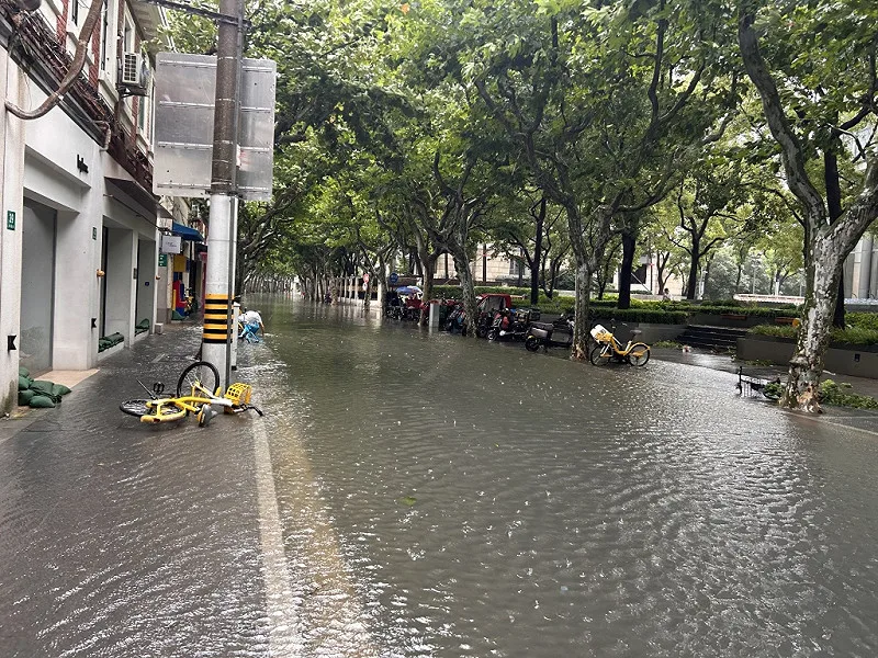受白海豚台风带来的强降雨影响,上海市区街道出现淹水情形。 图:翻摄自澎湃新闻