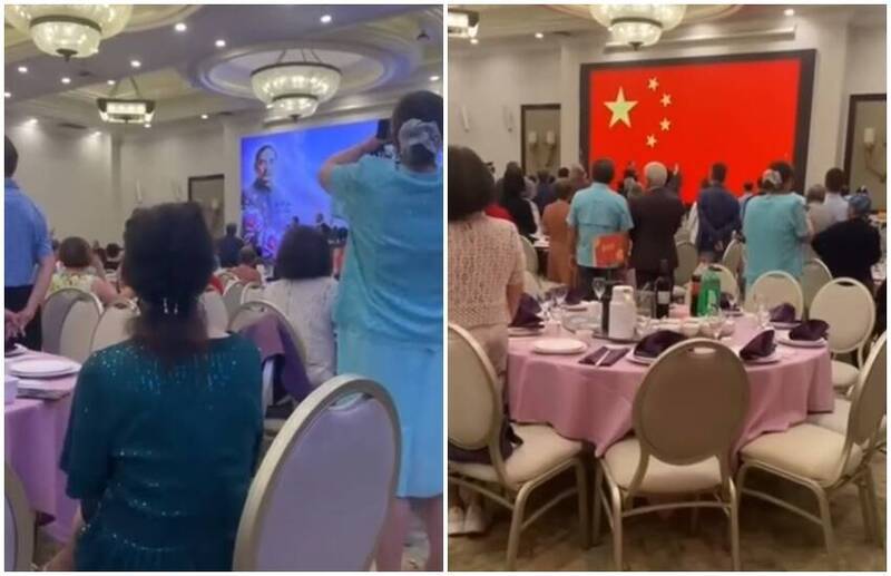 疑似國民黨在美機構在洛杉磯舉辦宴會，會上居然放中國五星旗、播中共國歌。（圖翻攝自界立建X）