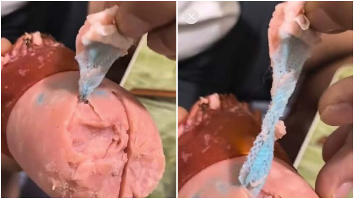 恐怖!大陆火腿肠中拉出口罩碎片(视频)