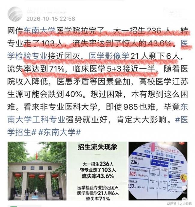 触目惊心!网传985高校医学院学生流失率